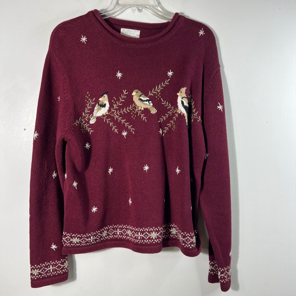 Vtg Christopher & Banks Birds Snowflakes Sweater Red L Ramie Cotton Embroidered